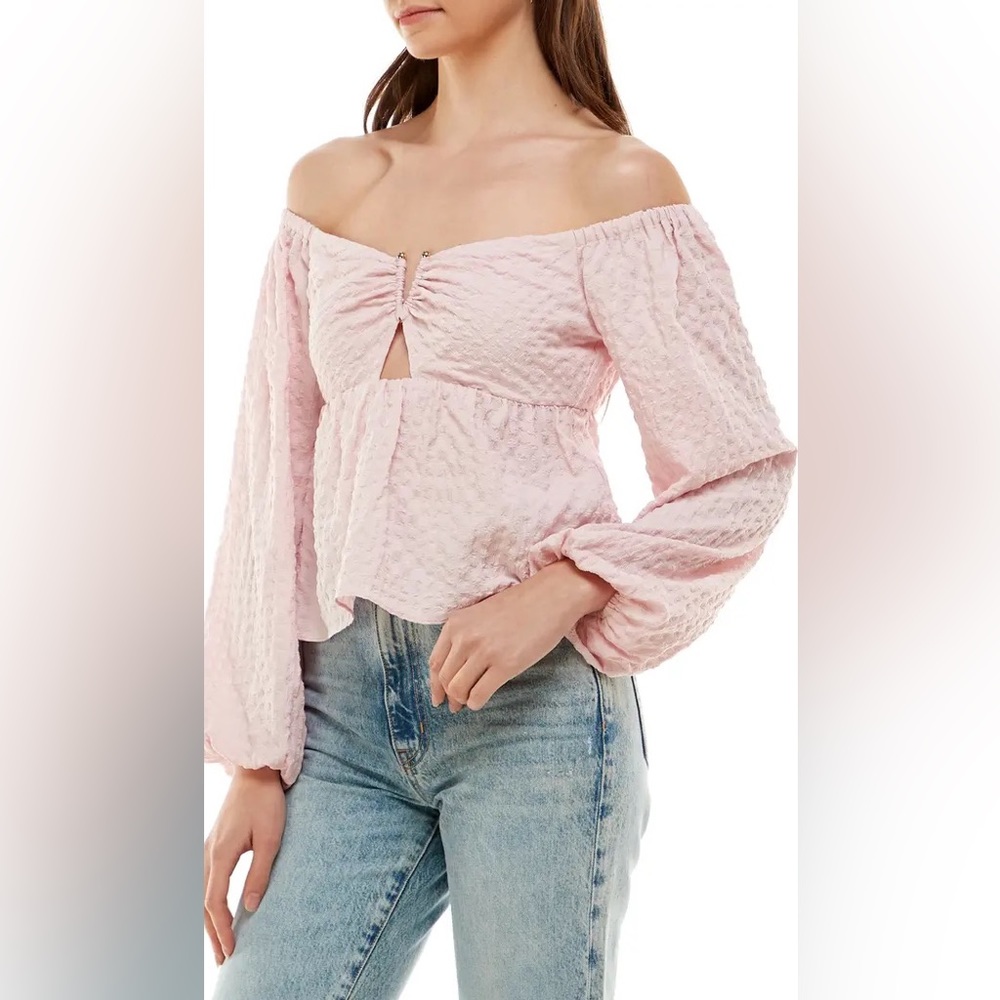 WAYF Valley Off The Shoulder Top Pink Puff Sleeve M